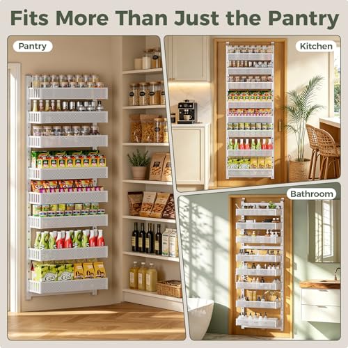 POKIPO 8-Tier Over the Door Pantry Organizer, 2 IN 1 Wall Mount or Hanging Spice Rack with Adjustable Raised Basket, Heavy Duty Back of Door Storage for Kitchen Bathroom Laundry Room - My Kitchen Products