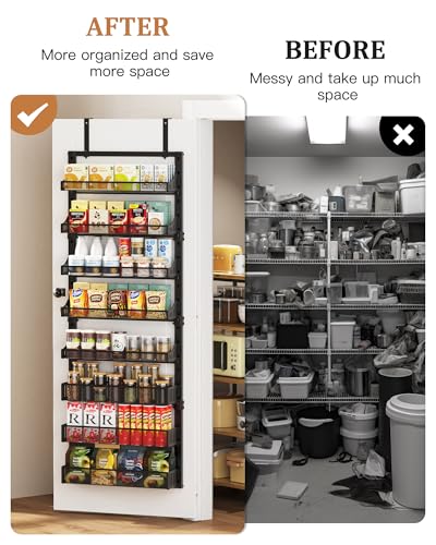 POKIPO 8-Tier Over the Door Pantry Organizer, Large Metal Door Spice Rack with Adjustable Basket, 2 in 1 Wall Mount or Hanging Heavy-Duty Pantry Door Storage Shelf for Kitchen and Bathroom, Black - My Kitchen Products