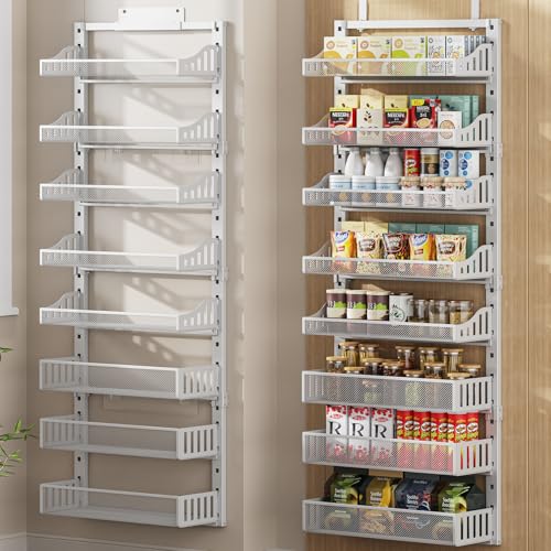 POKIPO Over the Door Pantry Organizer 8-Tier, Large Metal Door Spice Rack with Adjustable