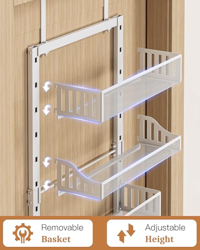 POKIPO Over the Door Pantry Organizer 8-Tier, Large Metal Door Spice Rack with Adjustable Basket, 2 in 1 Wall Mount or Hanging Heavy-Duty Pantry Door Storage Shelf for Kitchen and Bathroom, White - My Kitchen Products