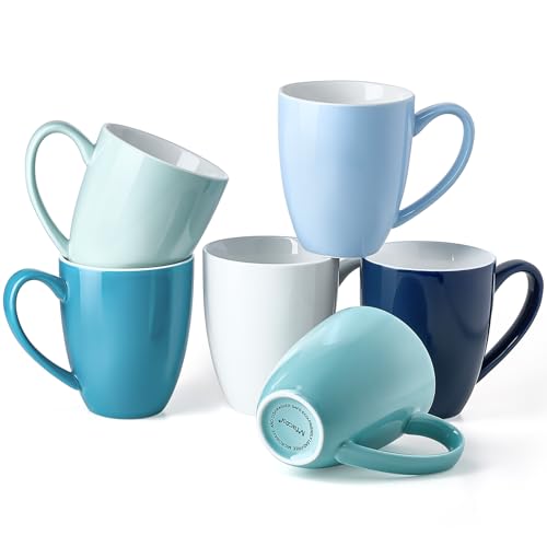 Porcelain Coffee Mugs Set of 6, 13 Ounce Coffee Cups with Handle, Ceramic Tea Mugs for Latte, Hot Tea, Cappuccino, Mocha, Cocoa, Blue Assorted Colors Mug Gift Set, Dishwasher and Microwave Safe - My Kitchen Products