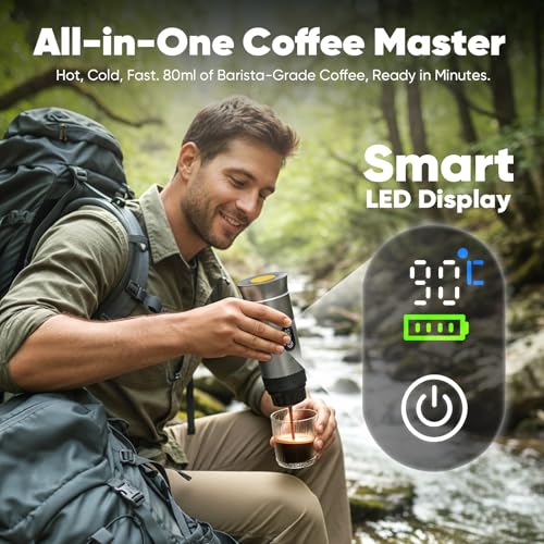 Portable 3-in-1 Espresso Coffee Maker, Self-Heating & Rechargeable with Smart Display — Works with Ground Coffee, Small & Large Capsules; Travel & Camping Mini Machine, 20-Bar Extraction, 80 ml Cup - My Kitchen Products