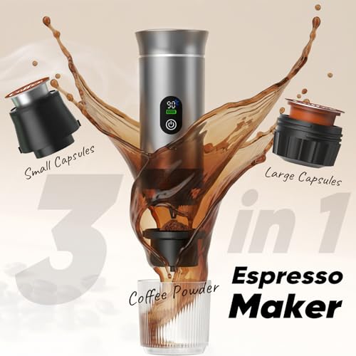 Portable 3-in-1 Espresso Coffee Maker, Self-Heating & Rechargeable with Smart Display — Works with Ground Coffee, Small & Large Capsules; Travel & Camping Mini Machine, 20-Bar Extraction, 80 ml Cup - My Kitchen Products