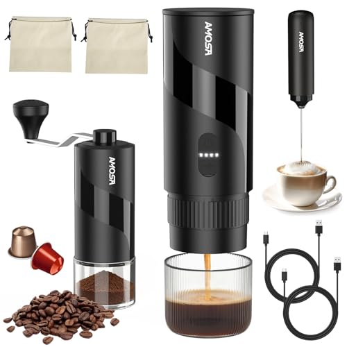 Portable Electric Espresso Machine & Manual Coffee Grinder & Electric Milk Frother All in 1 Mini Travel Coffee Maker Set for Camping, Car, RV, Hiking, Office, Home, Ground Coffee & NS Capsules Pod - My Kitchen Products