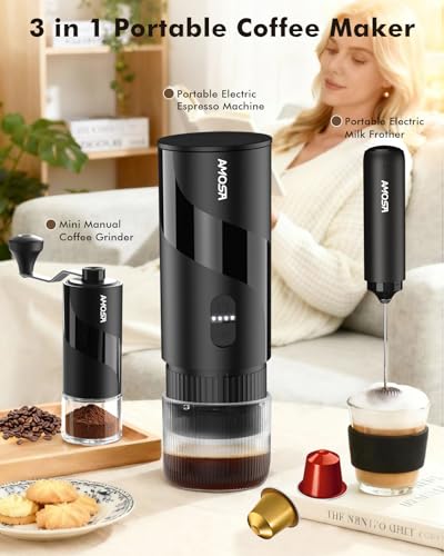 Portable Electric Espresso Machine & Manual Coffee Grinder & Electric Milk Frother All in 1 Mini Travel Coffee Maker Set for Camping, Car, RV, Hiking, Office, Home, Ground Coffee & NS Capsules Pod - My Kitchen Products