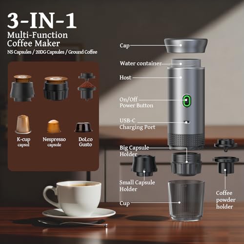 Portable Espresso Machine for Travel, Travel Coffee Maker 20-Bar Extraction, 150 ML，Coffee Maker Self-Heating with USB-C, Compatible with Ground Coffee & NS Capsule for Hiking and Camping (Green) - My Kitchen Products