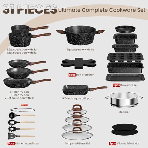 Pots and Pans Set Non Stick, 31 Piece Kitchen Induction Cookware & Bakeware Set, Nonstick Kitchen Cooking Pans Set with Frying Pans Set Grill Pan Saucepan Baking Sheet & Utensils, PFOA Free - My Kitchen Products