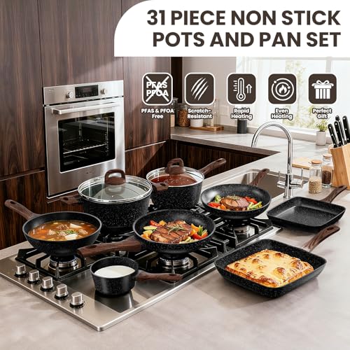 Pots and Pans Set Non Stick, 31 Piece Kitchen Induction Cookware & Bakeware Set, Nonstick Kitchen Cooking Pans Set with Frying Pans Set Grill Pan Saucepan Baking Sheet & Utensils, PFOA Free - My Kitchen Products