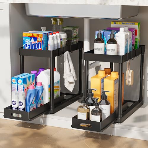POUGNY 2 Pack Pull-Out Storage Organizers, Under Sink Organizer and Storage for Bathroom & Kitchen,Multi-Purpose Under