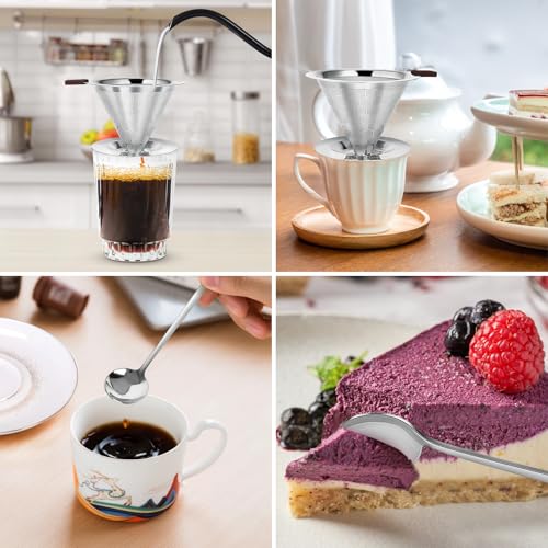 Pour Over Coffee Dripper, LOOFORE Stainless Steel Coffee Filter, Metal Cone Filter Paperless Reusable Coffee Filter Single Cup Coffee Maker 1-2 Cup, with Spoon and Silicone Tray, Cleaning Brush - My Kitchen Products
