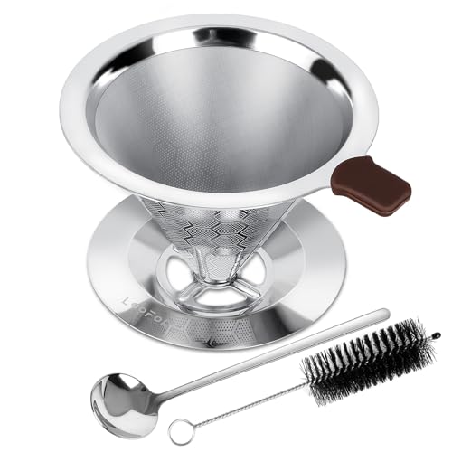 Pour Over Coffee Dripper, LOOFORE Stainless Steel Coffee Filter, Metal Cone Filter Paperless Reusable Coffee Filter Single Cup Coffee Maker 1-2 Cup, with Spoon and Silicone Tray, Cleaning Brush - My Kitchen Products