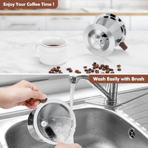 Pour Over Coffee Dripper, LOOFORE Stainless Steel Coffee Filter, Metal Cone Filter Paperless Reusable Coffee Filter Single Cup Coffee Maker 1-2 Cup, with Spoon and Silicone Tray, Cleaning Brush - My Kitchen Products