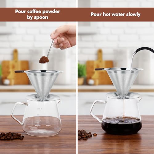 Pour Over Coffee Dripper, LOOFORE Stainless Steel Coffee Filter, Metal Cone Filter Paperless Reusable Coffee Filter Single Cup Coffee Maker 1-2 Cup, with Spoon and Silicone Tray, Cleaning Brush - My Kitchen Products