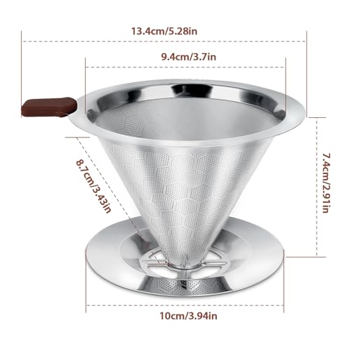 Pour Over Coffee Dripper, LOOFORE Stainless Steel Coffee Filter, Metal Cone Filter Paperless Reusable Coffee Filter Single Cup Coffee Maker 1-2 Cup, with Spoon and Silicone Tray, Cleaning Brush - My Kitchen Products