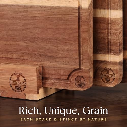 Pre-Oiled, Non Toxic 3-Piece Acacia Cutting Board Set with Stand, FSC Certified Wooden Chopping Boards, Includes 3.4 fl oz Chopping Board Oil, 3 Wood Carving Boards for Home, BBQ Kitchen, Deer & Oak - My Kitchen Products