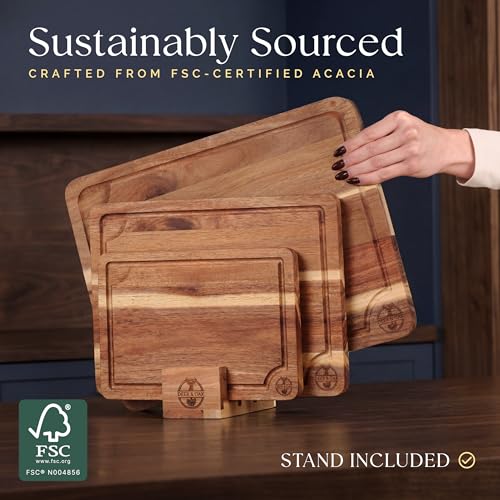 Pre-Oiled, Non Toxic 3-Piece Acacia Cutting Board Set with Stand, FSC Certified Wooden Chopping Boards, Includes 3.4 fl oz Chopping Board Oil, 3 Wood Carving Boards for Home, BBQ Kitchen, Deer & Oak - My Kitchen Products
