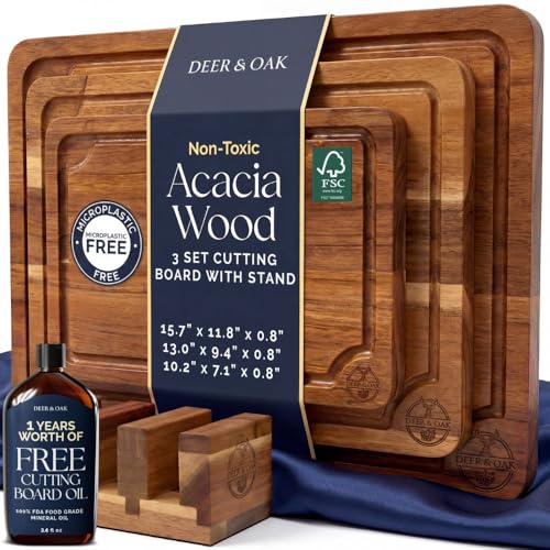 Pre-Oiled, Non Toxic 3-Piece Acacia Cutting Board Set with Stand, FSC Certified Wooden Chopping Boards, Includes 3.4 fl oz Chopping Board Oil, 3 Wood Carving Boards for Home, BBQ Kitchen, Deer & Oak - My Kitchen Products