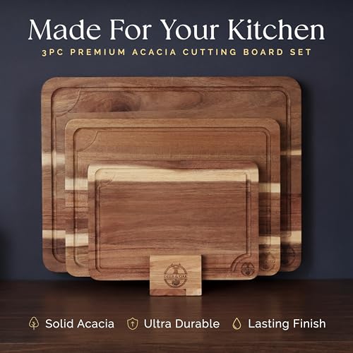 Pre-Oiled, Non Toxic 3-Piece Acacia Cutting Board Set with Stand, FSC Certified Wooden Chopping Boards, Includes 3.4 fl oz Chopping Board Oil, 3 Wood Carving Boards for Home, BBQ Kitchen, Deer & Oak - My Kitchen Products