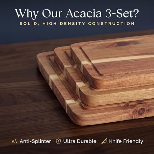 Pre-Oiled, Non Toxic 3-Piece Acacia Cutting Board Set with Stand, FSC Certified Wooden Chopping Boards, Includes 3.4 fl oz Chopping Board Oil, 3 Wood Carving Boards for Home, BBQ Kitchen, Deer & Oak - My Kitchen Products