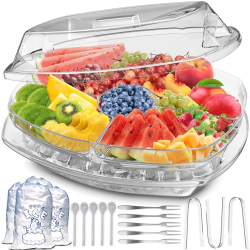Premium Chilled Serving Tray for Parties, 15" Ice Chilled Party Platter w/Lid & Dip