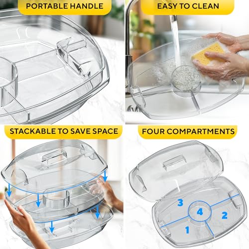 Premium Chilled Serving Tray for Parties - 15" Ice Chilled Party Platter w/Lid & Dip Holder - Functional Cold Dish w/ 4 Compartments - Perfect for Fruits, Veggies, Shrimp Cocktail - Keeps Food Cool - My Kitchen Products