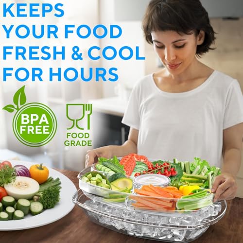 Premium Chilled Serving Tray for Parties - 15" Ice Chilled Party Platter w/Lid & Dip Holder - Functional Cold Dish w/ 4 Compartments - Perfect for Fruits, Veggies, Shrimp Cocktail - Keeps Food Cool - My Kitchen Products