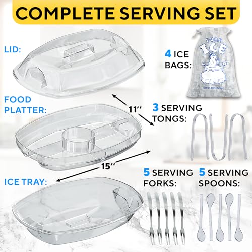 Premium Chilled Serving Tray for Parties - 15" Ice Chilled Party Platter w/Lid & Dip Holder - Functional Cold Dish w/ 4 Compartments - Perfect for Fruits, Veggies, Shrimp Cocktail - Keeps Food Cool - My Kitchen Products