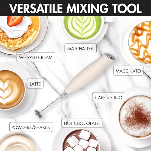 Primula Handheld Electric Milk Frother, Powerful Motored Whisk, Portable Battery-Powered Mini Drink Mixer for Latte, Cappuccino, Matcha & More, Cream - My Kitchen Products