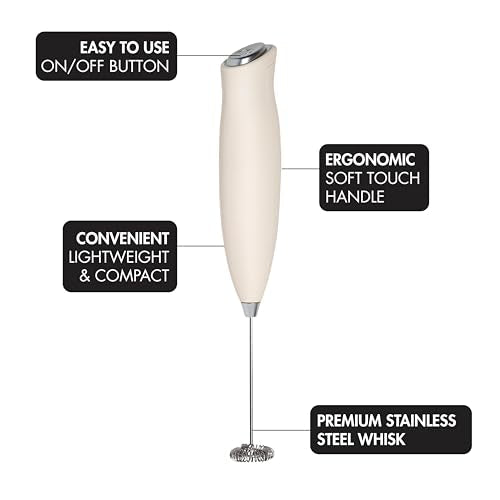 Primula Handheld Electric Milk Frother, Powerful Motored Whisk, Portable Battery-Powered Mini Drink Mixer for Latte, Cappuccino, Matcha & More, Cream - My Kitchen Products