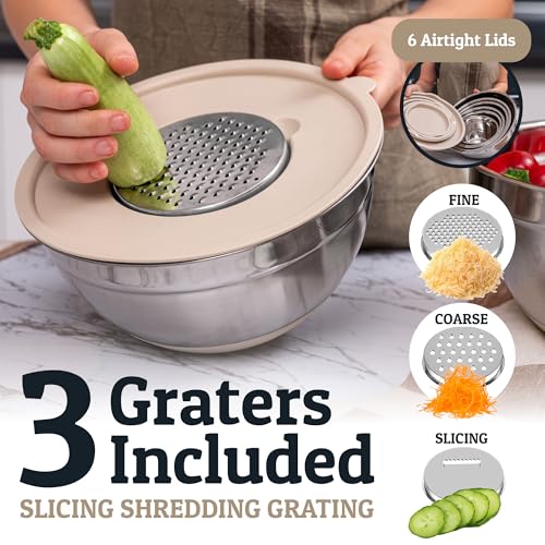 Priority Chef 6Pc Large Mixing Bowls With Lids Set with Non-Slip Bases, Stainless Steel Mixing Bowl Set, 6 Airtight Lids and 3 Graters, Khaki - My Kitchen Products