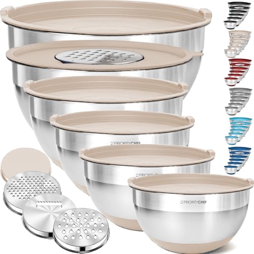 Priority Chef 6Pc Large Mixing Bowls With Lids Set with Non-Slip Bases, Stainless Steel Mixing Bowl Set, 6 Airtight Lids and 3 Graters, Khaki - My Kitchen Products