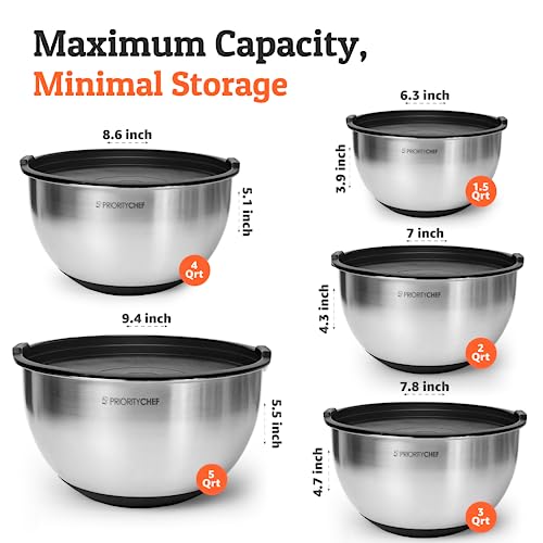 Priority Chef Premium Mixing Bowls With Lids Set, Airtight Lids, Thicker Stainless Steel, Non-Slip Base, 5 Nesting Steel Bowls for Kitchen, Large Prep Metal Bowl Set 1.5/2/3/4/5 Qt, Black - My Kitchen Products