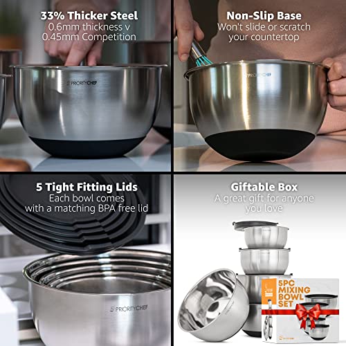 Priority Chef Premium Mixing Bowls With Lids Set, Airtight Lids, Thicker Stainless Steel, Non-Slip Base, 5 Nesting Steel Bowls for Kitchen, Large Prep Metal Bowl Set 1.5/2/3/4/5 Qt, Black - My Kitchen Products