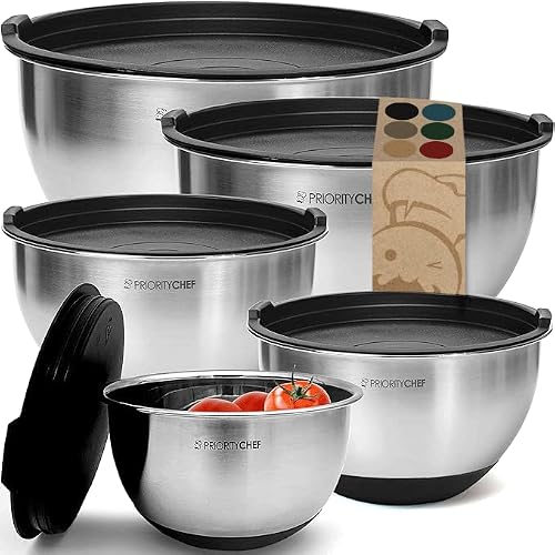 Priority Chef Premium Mixing Bowls With Lids Set, Airtight Lids, Thicker Stainless Steel, Non-Slip Base, 5 Nesting Steel Bowls for Kitchen, Large Prep Metal Bowl Set 1.5/2/3/4/5 Qt, Black - My Kitchen Products