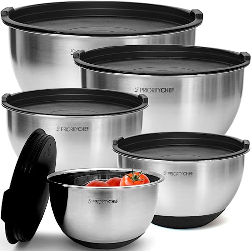 Priority Chef Premium Mixing Bowls With Lids Set, Airtight Lids, Thicker Stainless Steel, Non-Slip Base, 5 Nesting Steel Bowls for Kitchen, Large Prep Metal Bowl Set 1.5/2/3/4/5 Qt, Black - My Kitchen Products