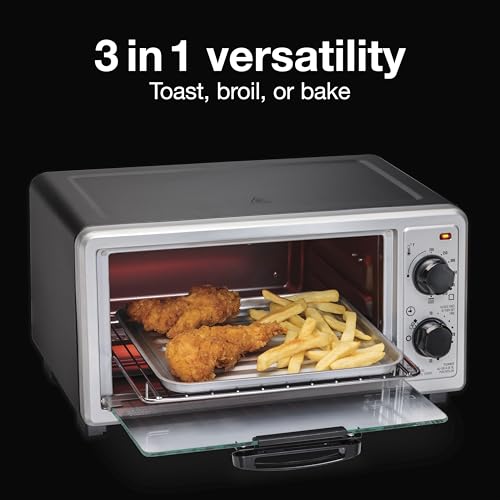 Proctor Silex 4 Slice Countertop Toaster Oven, Multi-Function with Bake, Toast and Broiler, 1100 Watts, 30 min timer and auto-shutoff, Includes Backing Pan and Rack, Black and Silver (31260) - My Kitchen Products