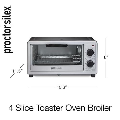 Proctor Silex 4 Slice Countertop Toaster Oven, Multi-Function with Bake, Toast and Broiler, 1100 Watts, 30 min timer and auto-shutoff, Includes Backing Pan and Rack, Black and Silver (31260) - My Kitchen Products