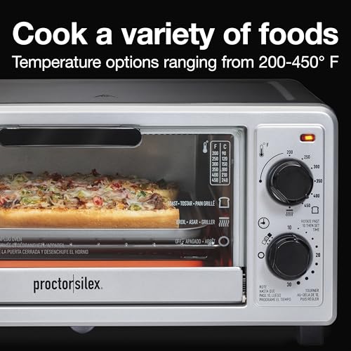 Proctor Silex 4 Slice Countertop Toaster Oven, Multi-Function with Bake, Toast and Broiler, 1100 Watts, 30 min timer and auto-shutoff, Includes Backing Pan and Rack, Black and Silver (31260) - My Kitchen Products