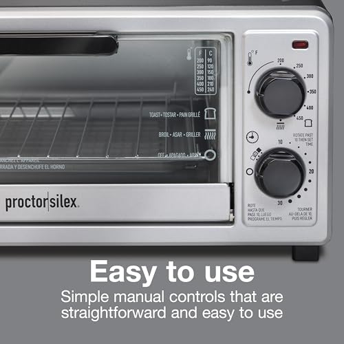 Proctor Silex 4 Slice Countertop Toaster Oven, Multi-Function with Bake, Toast and Broiler, 1100 Watts, 30 min timer and auto-shutoff, Includes Backing Pan and Rack, Black and Silver (31260) - My Kitchen Products