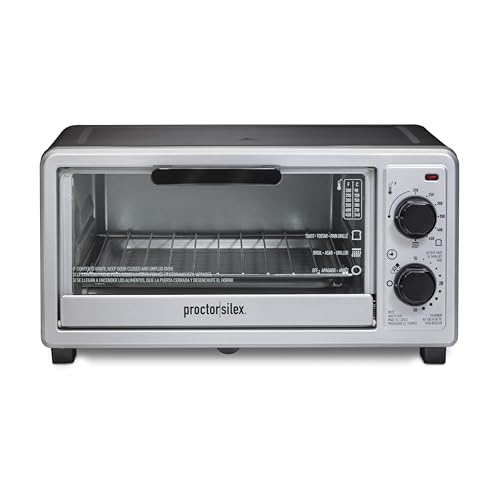 Proctor Silex 4 Slice Countertop Toaster Oven, Multi-Function with Bake, Toast and Broiler, 1100 Watts, 30 min timer and auto-shutoff, Includes Backing Pan and Rack, Black and Silver (31260) - My Kitchen Products
