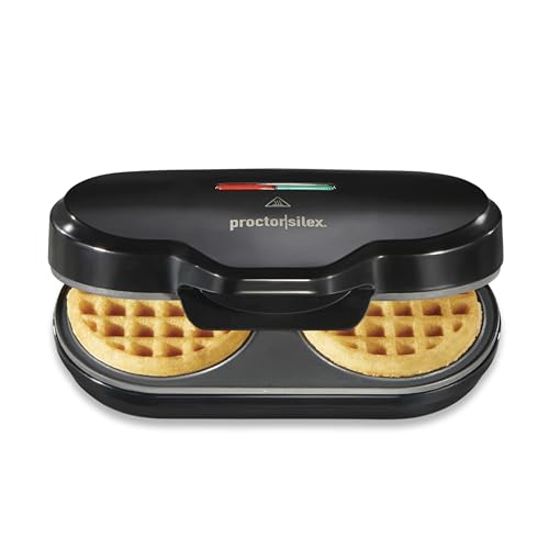 Proctor Silex Double Mini Waffle Maker Machine with 4” Round Non-stick Grids, Makes 2 Personalized Individual Breakfast Keto Chaffles and Hashbrowns, Compact, Black (26102) - My Kitchen Products