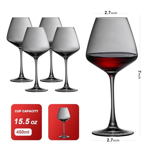 PTSTING Wine Glasses 15.5oz Grey Wine Glasses Set of 4 Burgundy Wine Glasses for Wine Tasting, Wedding Gift, Anniversary, Christmas, Birthday - My Kitchen Products