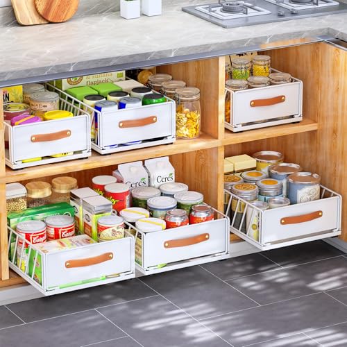 Pull out Cabinet Organizer,Heavy Duty Slide out Pantry Shelves Drawer Storage with Adhesive Nano Film,Sliding Mesh Cabinet Basket with Handle for Kitchen, Bathroom, Home, 11.8W" X 15.7"D X 6.2"H,White - My Kitchen Products