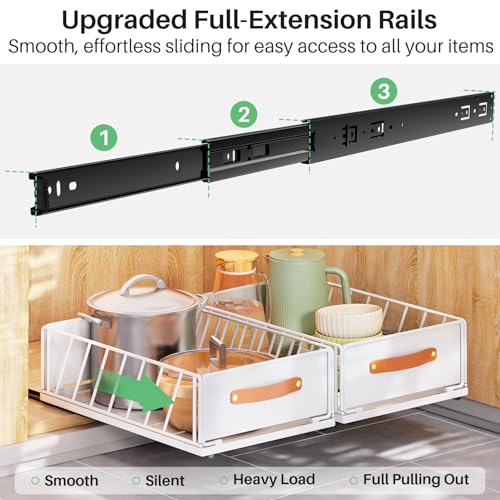 Pull out Cabinet Organizer,Heavy Duty Slide out Pantry Shelves Drawer Storage with Adhesive Nano Film,Sliding Mesh Cabinet Basket with Handle for Kitchen, Bathroom, Home, 11.8W" X 15.7"D X 6.2"H,White - My Kitchen Products