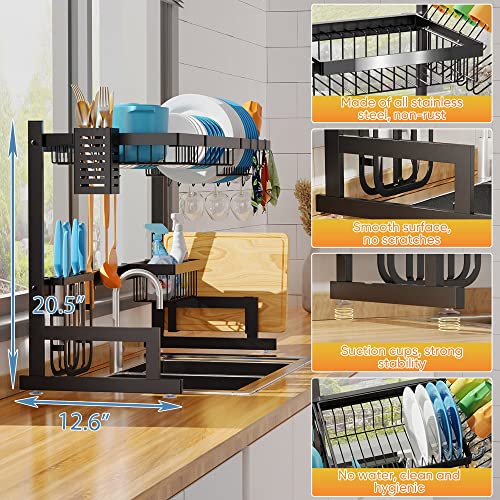 PUSDON Over the Sink Dish Drying Rack, 2 Tier Adjustable Large Capacity Stainless Steel Dish Rack for Kitchen Counter, Heavy Duty Space Saver Organizer with Utensil Holder, Black - My Kitchen Products