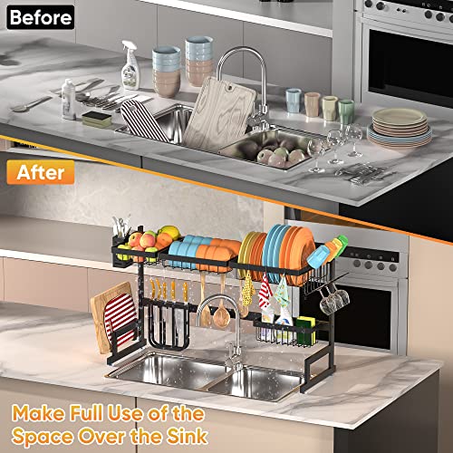 PUSDON Over the Sink Dish Drying Rack, 2 Tier Adjustable Large Capacity Stainless Steel Dish Rack for Kitchen Counter, Heavy Duty Space Saver Organizer with Utensil Holder, Black - My Kitchen Products