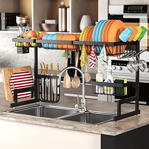 PUSDON Over the Sink Dish Drying Rack, 2 Tier Adjustable Large Capacity Stainless Steel Dish Rack for Kitchen Counter, Heavy Duty Space Saver Organizer with Utensil Holder, Black - My Kitchen Products