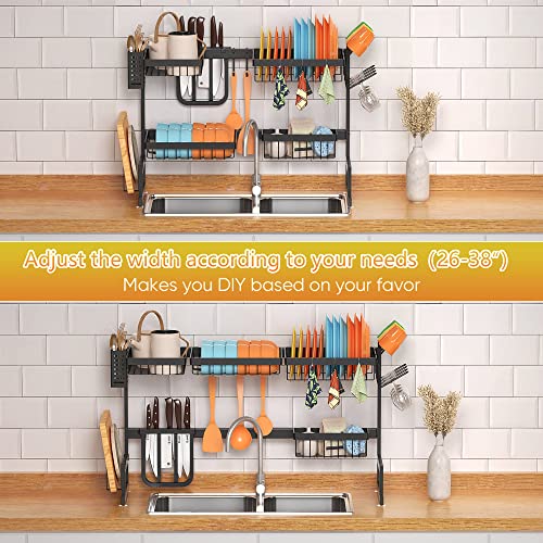 PUSDON Over the Sink Dish Drying Rack, 2 Tier Adjustable Large Capacity Stainless Steel Dish Rack for Kitchen Counter, Heavy Duty Space Saver Organizer with Utensil Holder, Black - My Kitchen Products