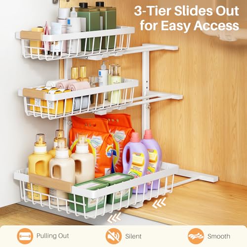 PXRACK Under Sink Organizer, 2-Pack 3-Tier Height Adjustable Thickened Metal Pull out Cabinet Organizer Shelf, Slide out Storage Drawer Rack for Bathroom Kitchen Pantry Home Organization, White - My Kitchen Products