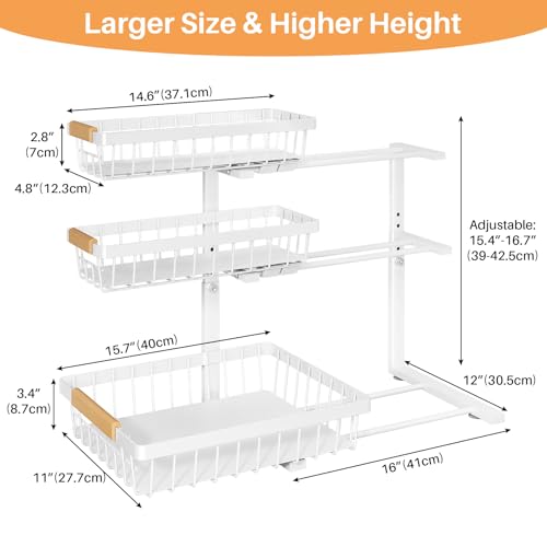 PXRACK Under Sink Organizer, 2-Pack 3-Tier Height Adjustable Thickened Metal Pull out Cabinet Organizer Shelf, Slide out Storage Drawer Rack for Bathroom Kitchen Pantry Home Organization, White - My Kitchen Products